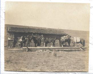 Untitled - two men and several pack animals in front of log cabin