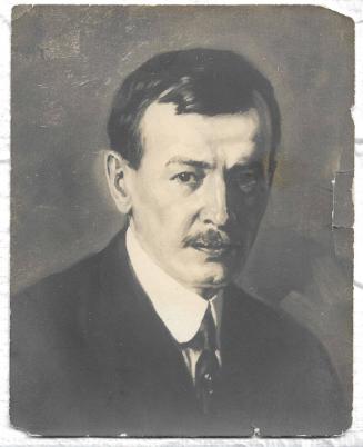 B&W photo of a portrait of Rungius