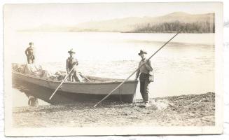 Untitled-two men and one woman in a boat by a lakeshore